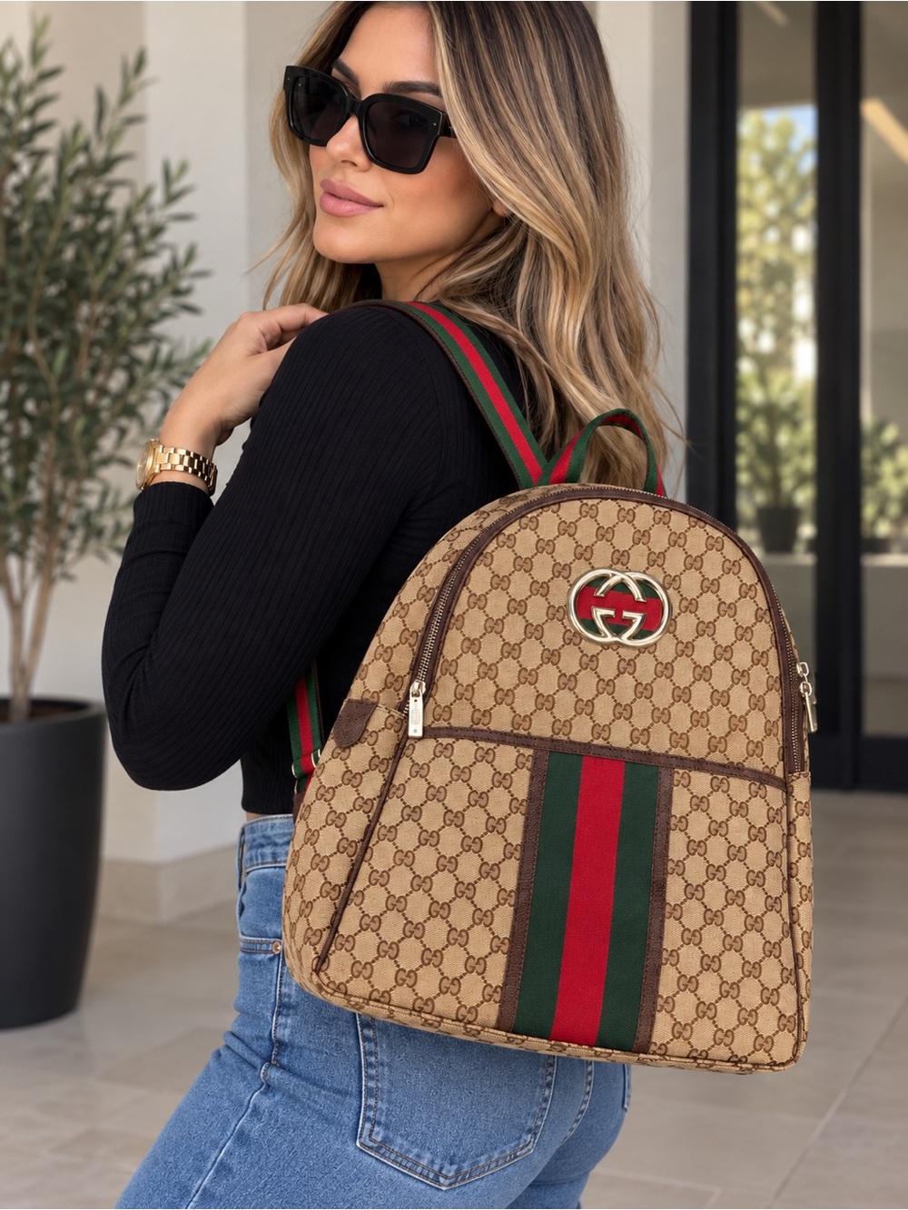 Gucci Beige Monogram Backpack with Red & Green Web Stripe